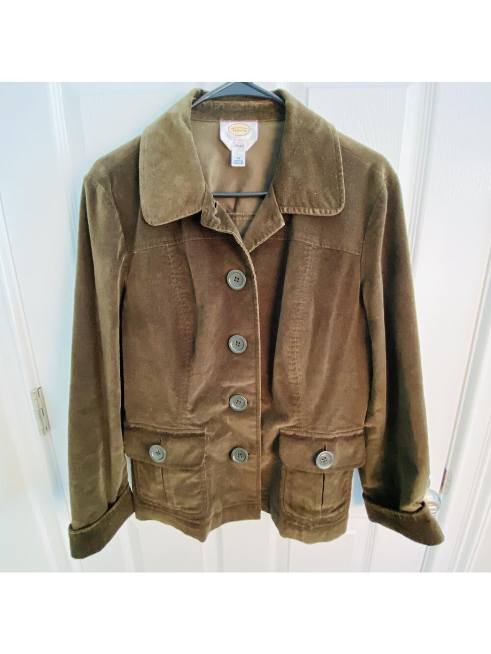 Talbots Jacket Womens 14 Olive Green Corduroy Stretch Button Front Pockets Fall